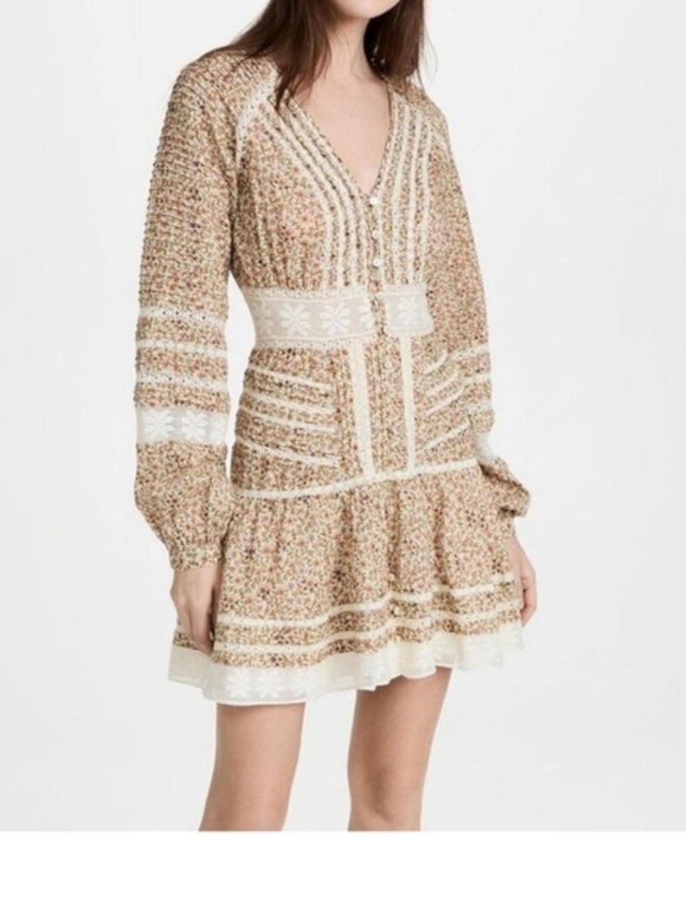 Veronica Beard Addilyn Dress Size 2 Beige Floral Lace Trim Long Sleeve Mini Boho